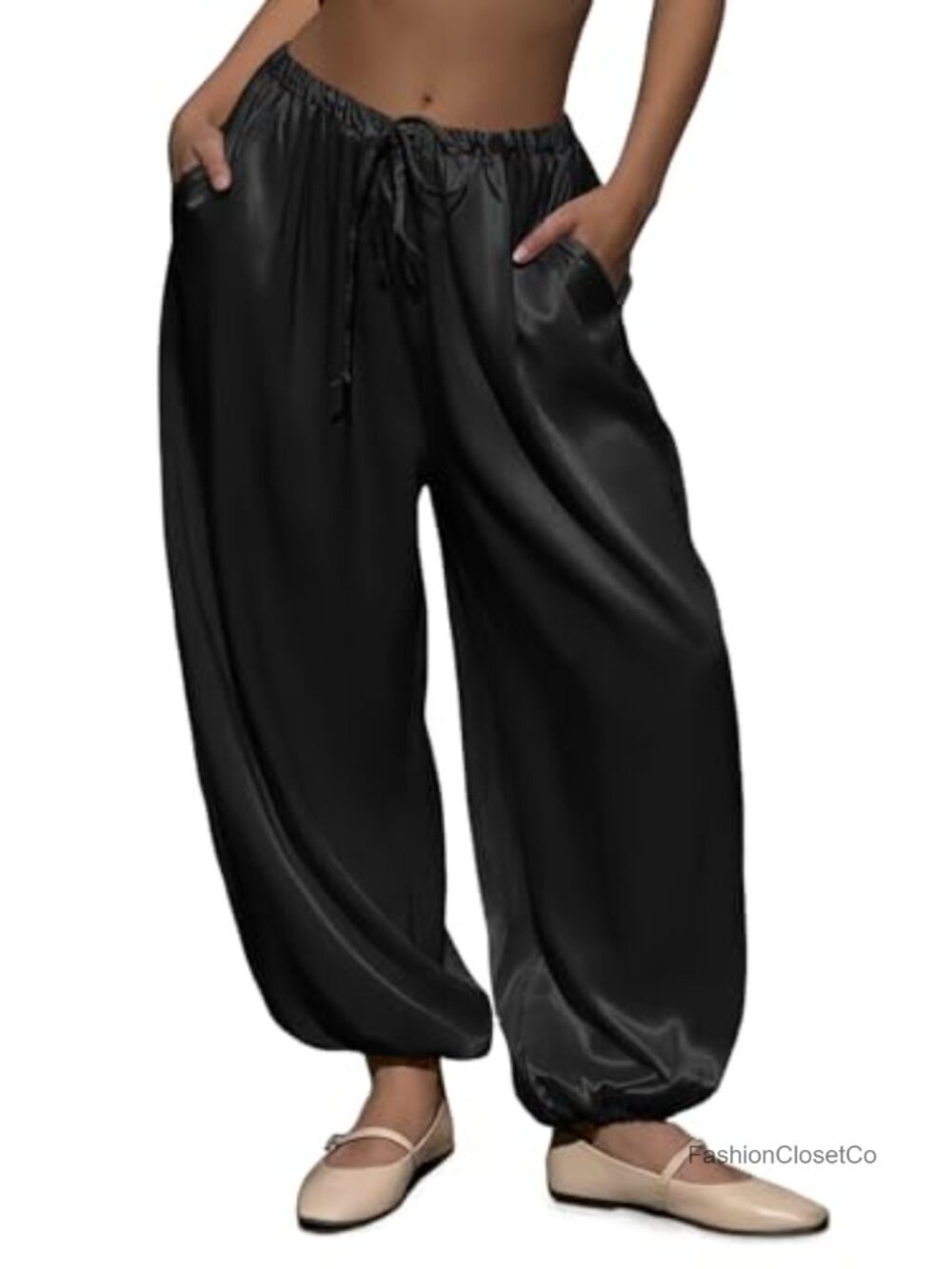 Satin Harem Pants Elastic Waist Drawstring Loose Track Pants with Pockets